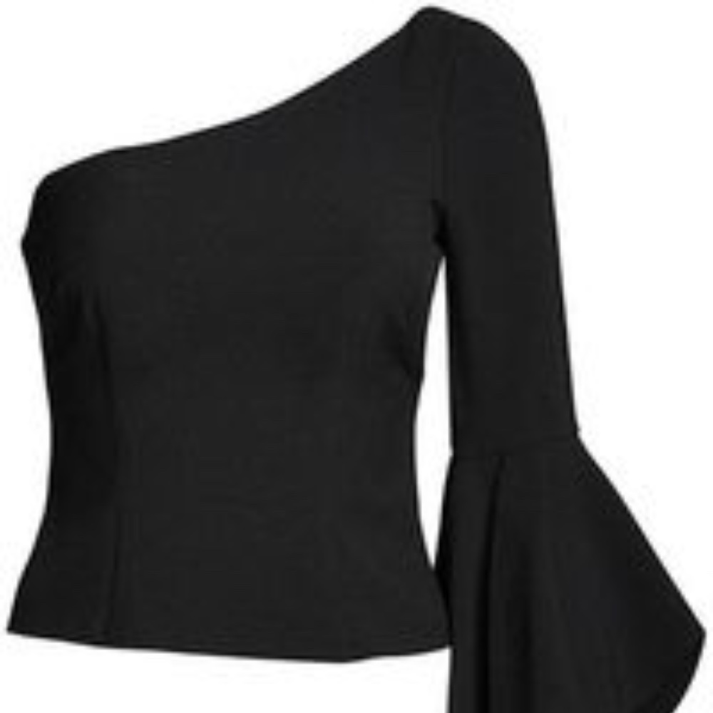 Eliza J One Shoulder Fitted Black Top With Bell Sleeve